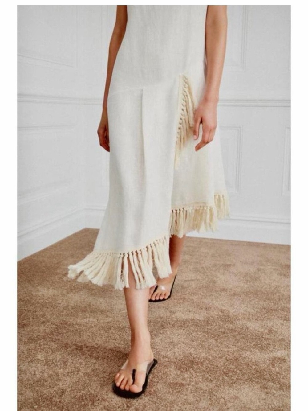 Zara NWT 100% linen white & cream Fringe hem Midi tunic Dress - Picture 14 of 16